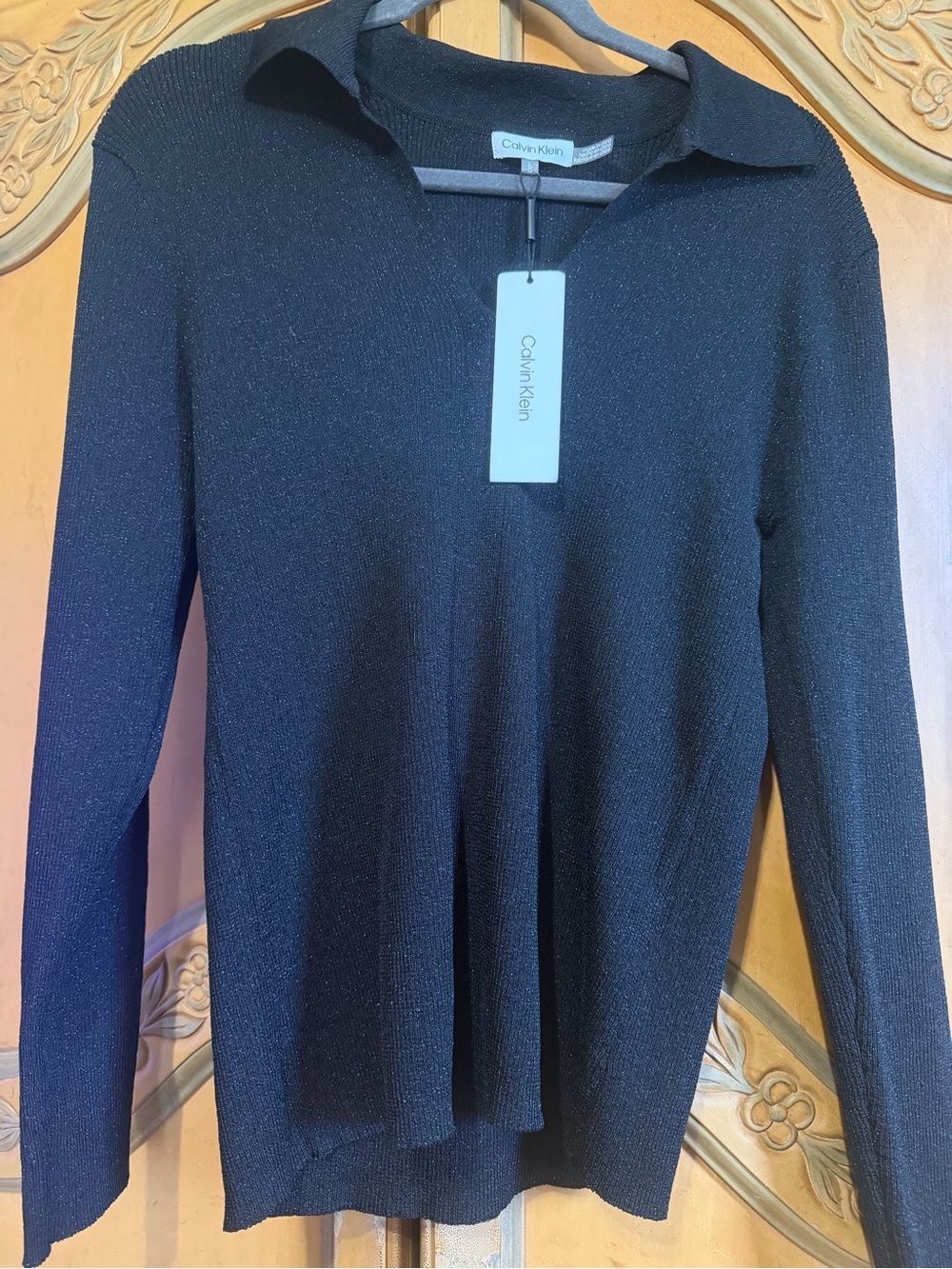 Calvin Klein Black Long-Sleeve sparkle stretch knit Top with Subtle Shine